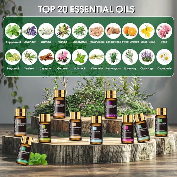 Gavesett med 20 rene eteriske oljer – Egnet for diffusere og massasje, samt DIY-lys- og såpelaging; en ideell gave til venner (5 ml).