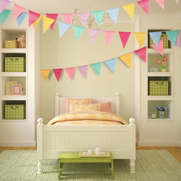 12 Multicolor Flaggor Imiterade Jutesäckväv Vimpel Banner Pastell Regnbåge Dekor Tyg Triangel Flagga för Fest Födelsedag Bröllop Barnrum Klassrum