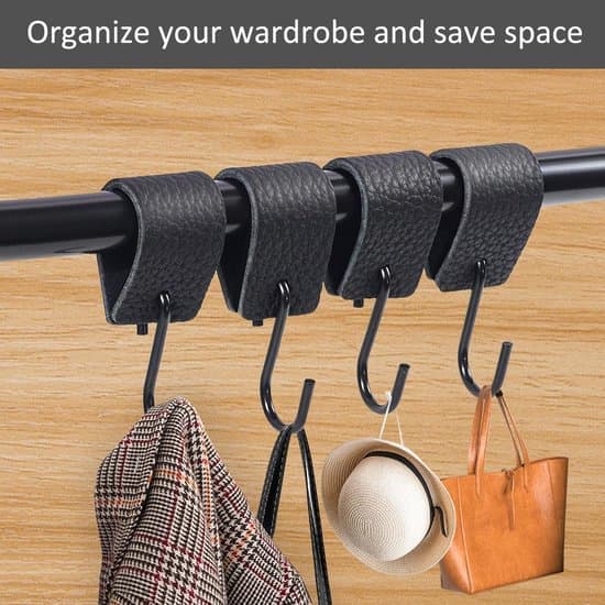 S-Hooks (Set of 8) - Black Hanging Hooks Clothes Hooks with Leather Loop - For Clothes Hangers Clothes Rails Kitchen and Bathroom