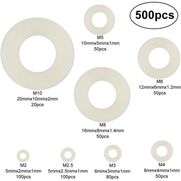 500 stycken Vit plast Nylon platt rund bricka Försänkt genomskinlig plastdistans tjocklek packningsringsats (M2 M2.5 M3 M4 M5 M6 M8 M10)