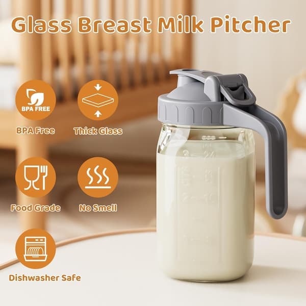 2-PACK Breast Milk Pitcher 32oz Glass Pitcher with Lid Leak-Proof Drip-Free Spout Breast Milk Storage Pitcher for Refrigerator