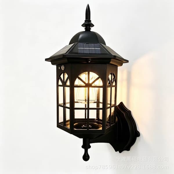 Udendørs solcellevæglampe, rustik lanterne vægmonteret lampe, retro udendørs pæreholder, skumringssensor til veranda havefællesskab