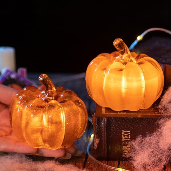 Starry Night Glass Pumpkins Lighted LED Pumpkin Fall Thanksgiving Decor Lighted Pumpkin Lantern Indoor Autumn Decorations-2pcs