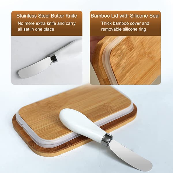 Large Ceramic Butter Dish with Bamboo Lid and Steel Knife White Box with Removable Double Silicone Seals Small Size Large Capacity