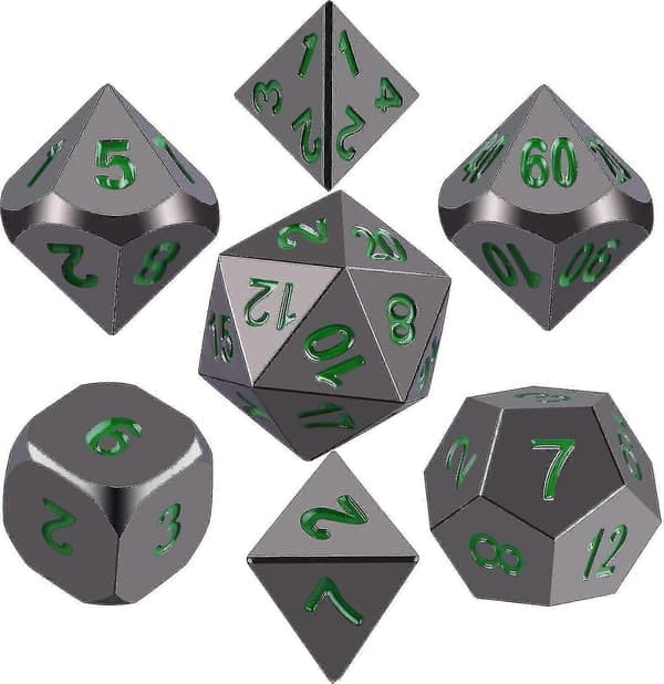 Polyhedral 7-kubssats i metall, glänsande svartmålade och mörkgröna siffror i zinklegering