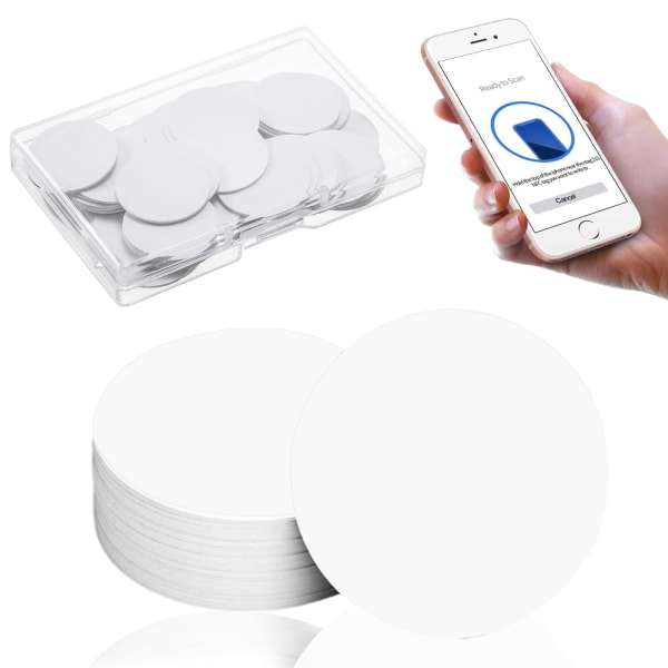 20 delar NFC-taggar, NFC-taggar Tomt vitt kort NFC-klistermärken som är kompatibla med TagMo och Amiibo med självhäftande baksida för enkel montering och förvaringsbox