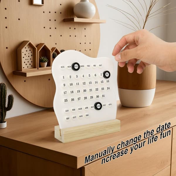 Retro Skrivbordskalender, Skrivbordsställ i Trä, Evighetskalender, Montessori Kalender, Datumplanerare, Månad Vecka Datum (Vit)
