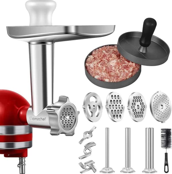 Metal Madkværn Tilbehør til KitchenAid Røremaskine, Inkluderer Kødhakker Tilbehør 3 Pølsestopper Rør & Holder, 4 Kværnplader osv.