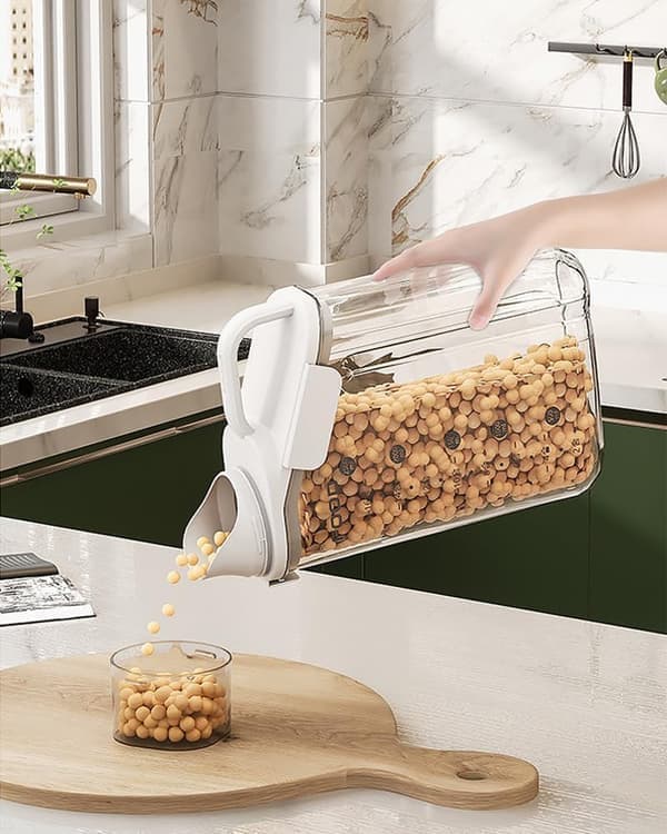 Airtight Kitchen Storage Container for Food with Measuring Cup and Pour Spout, 2000ml Cereal Rice Flour Oatmeal - White