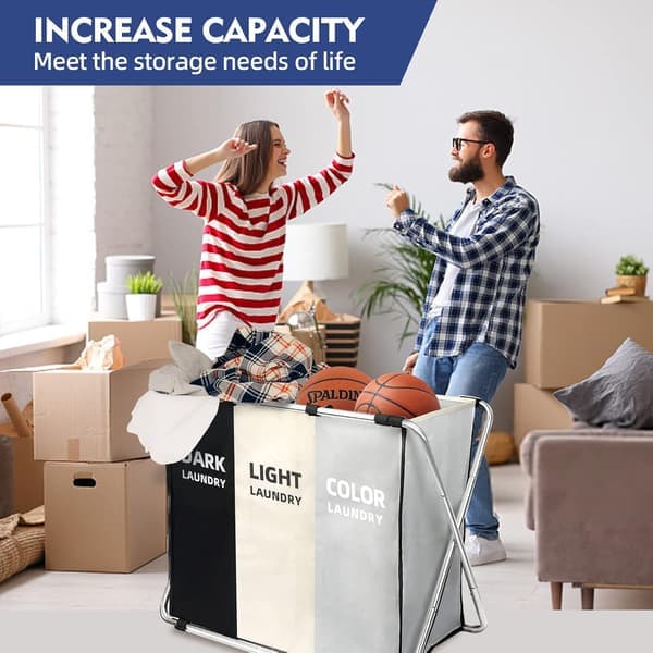 This laundry basket has a foldable design with three compartments and an aluminum frame, making it ideal for use in bathrooms and bedrooms.