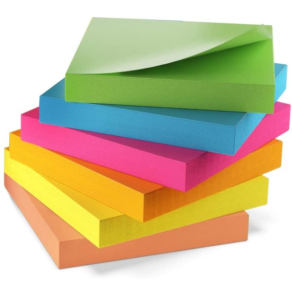 Sticky Notes 3x3 tum, ljusa färgglada stickies, 6 block 600 ark totalt, starka självhäftande sedlar, 6 färger (gul, grön, blå, orange, rosa,