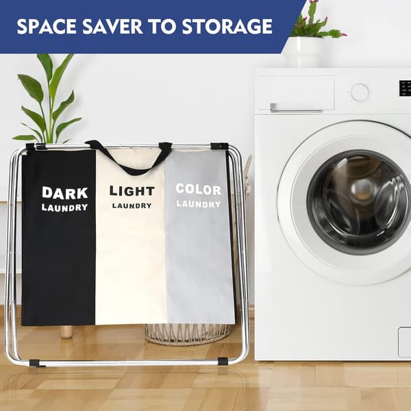 This laundry basket has a foldable design with three compartments and an aluminum frame, making it ideal for use in bathrooms and bedrooms.