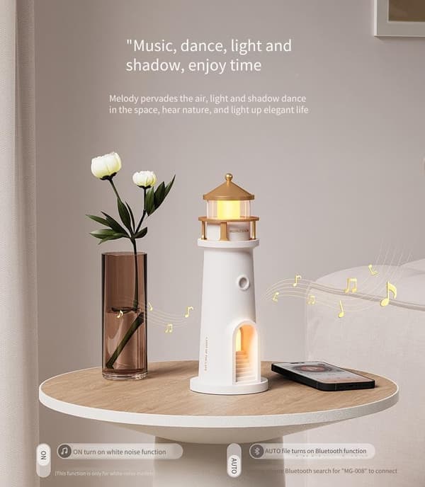Moonlight Lighthouse Night Light with Bluetooth Speaker Remote Control LED Mood Light and Moon Projection 242mm High.