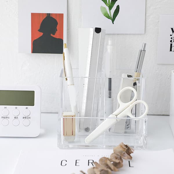 Desktop Organizer for Office Supplies, Clear Acrylic Pen Holder with 3 Compartments, Durable Office Organizer for Desk Storage, Multifunctional O