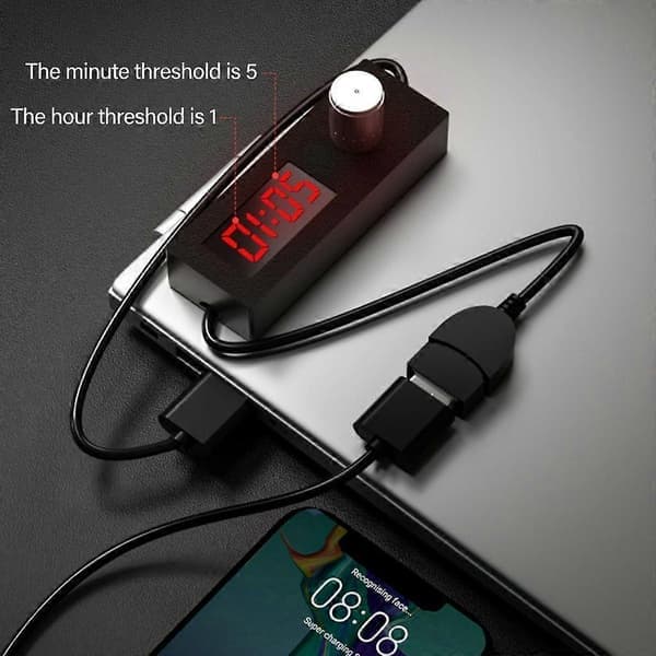 USB-strömbrytare med timer och kopplingskabel för hemelektronik, enkel att installera.