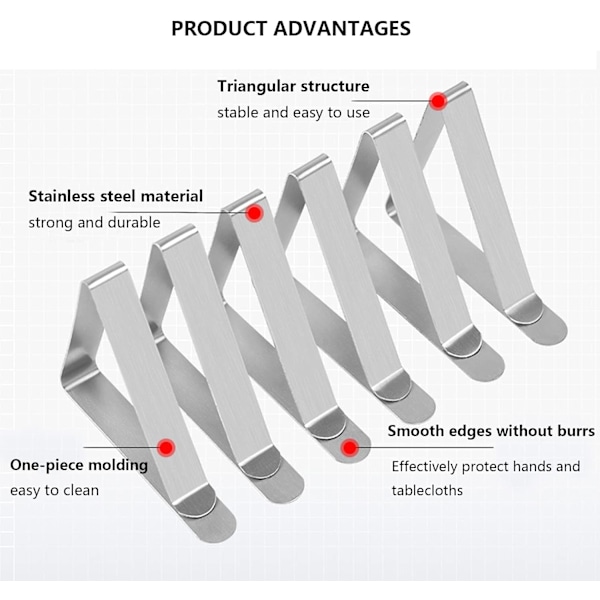 12-pack silver bordsduksklämmor justerbara rostfria bordsduksklämmor för utomhus- och inomhusmöbler - Hembruk - Fest picknick BBQ trädgård