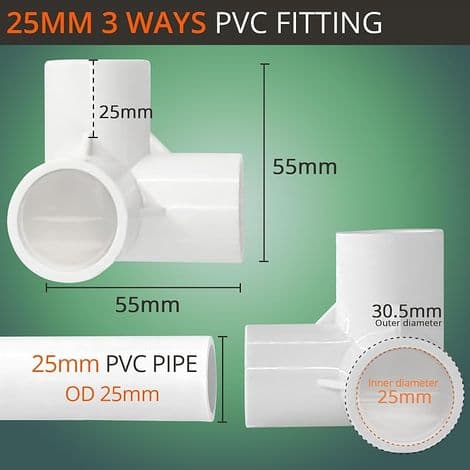 10-pack 3-vägs PVC-kopplingar, 25 mm, för växthus och möbelramar