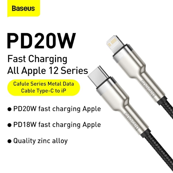 Baseus Cafule USB-C till Lightning datakabel, PD, 20W, 2m, svart