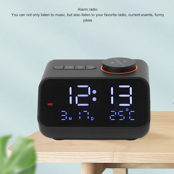 Svart väckarklockradio LED digital väckarklocka med FM-radio musik temperatur fuktighet display