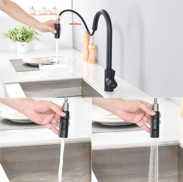 One-piece kitchen faucet with pull-out spray matte 360° swivel stainless steel sink mixer 2-function kitchen faucet (black)