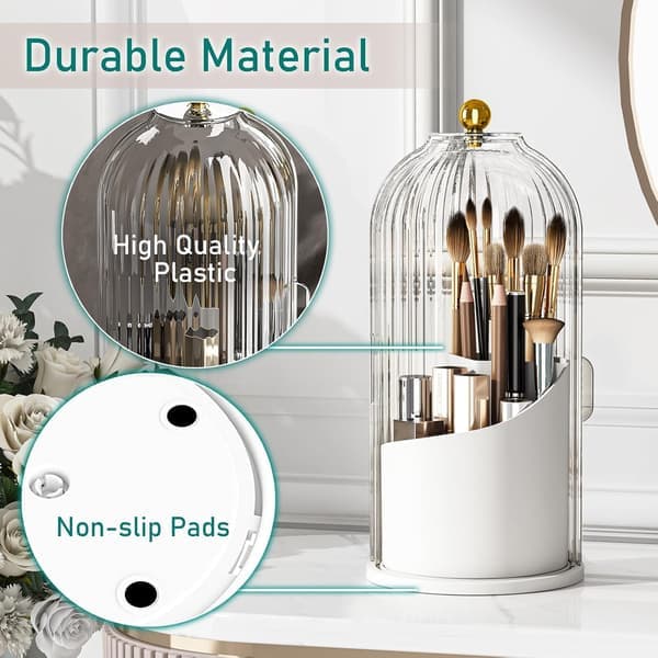 Makeup Brush Holder with Lid Cosmetic Tools Organizer 360 Rotating Waterproof Dustproof Beauty Brush Storage for Dressing Table Transparent