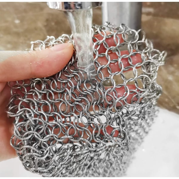 Rostfritt stål gjutjärn stekpanna Rengöring gjutjärn skrapa 316 Chainmail Scrubber för gjutjärnspannor, förkryddade stekpannor, grillpannor, BBQ-grillar,