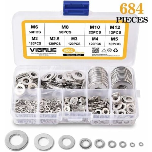 Brickor-684 brickor 9 storlekar av brickor i rostfritt stål och låsbrickor (M2 M2.5 M3 M4 M5 M6 M8 M10 M12) (Silver)