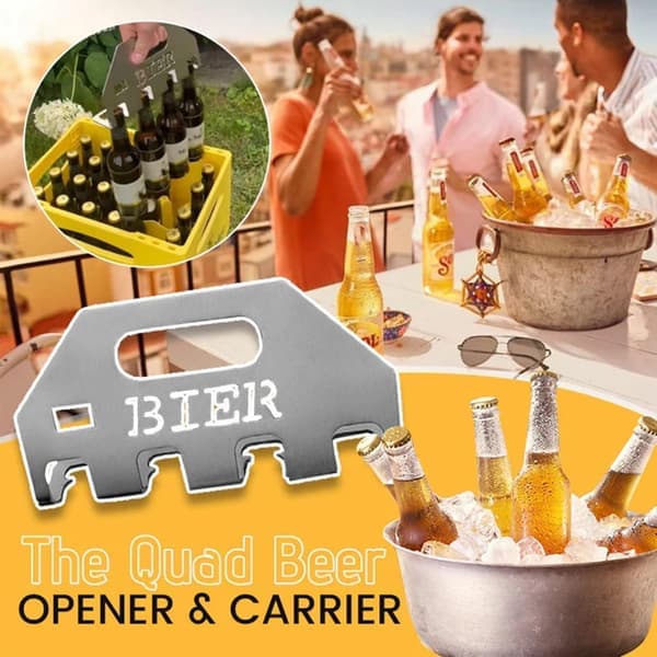 Quad Ølåbner og Holder Ølflaskeåbner og Holder 4-i-1 Flaskeåbner af Rustfrit Stål til Fester Holdbart Ølåbnerværktøj til