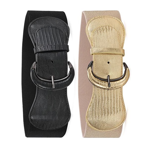 2-pack stretchiga breda midjebälten för kvinnor, elastiska bälten med spänne, svart + röd