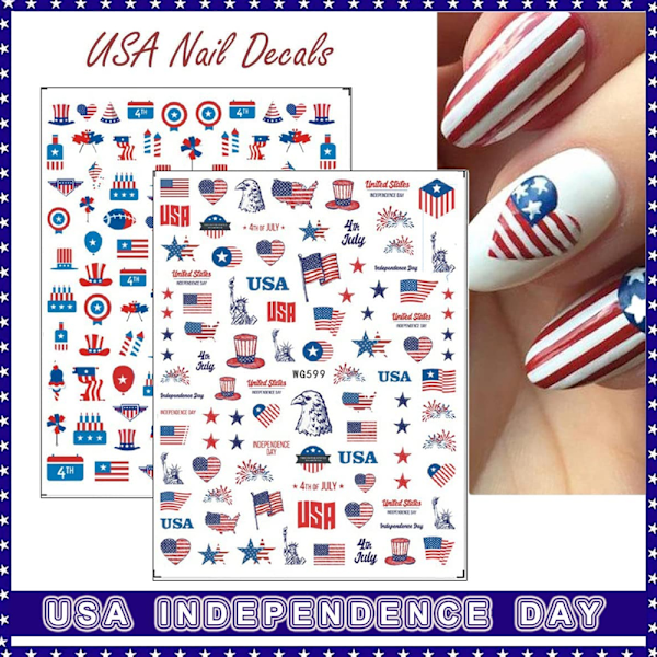 4th of July Nail Art Stickers, Independence Day Flag Patriotic Nail Decals, 3D Självhäftande Nail Art Design för Memorial Day DIY Nail Dekoration