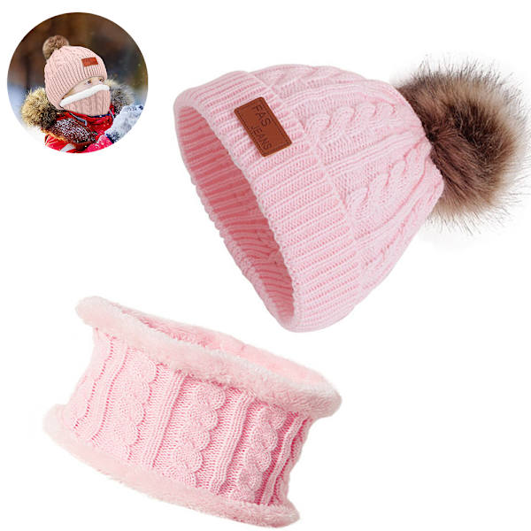 Barnmössa Handskar Halsduk Set för Flickor Pojkar, Vinter Varma Fleecefodrade beige