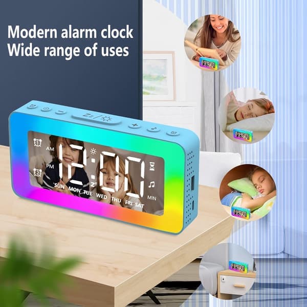Children's Alarm Clock, White Noise, Sleep with 8 LED Night Lights, Loud Alarm Clock for Deep Sleepers, USB Charging Port, Weekday/Weekend Mode, Dimmer