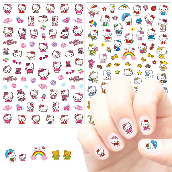 Söta tecknade nagelkonst 3d Hello-kitty nagelkonst Självhäftande nagelklistermärke Anime Kawaii Designernagelklistermärken för flickor Barn