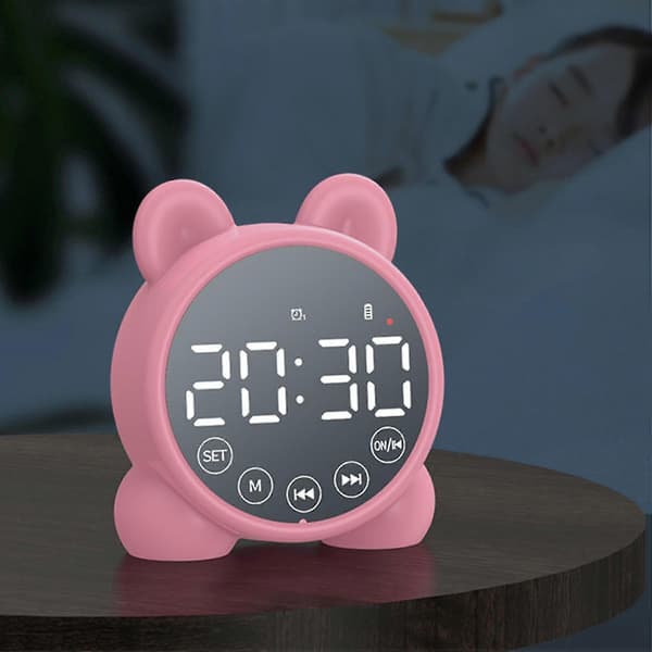 Barnevekkerklokke Bluetooth-høyttaler Nattbordsvekkerklokke, Speil Digital Timer, Barn Søvntrener Rosa