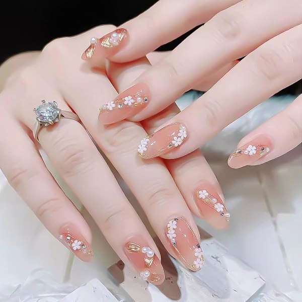 3D Blommiga Nagelkonst Berlocker Set Glitter Vita Blommor Pärla Nagelkonst Gyllene Kaviar Pärlor Nagel Dekoration Akryl Nagelkonst Stud Nagel