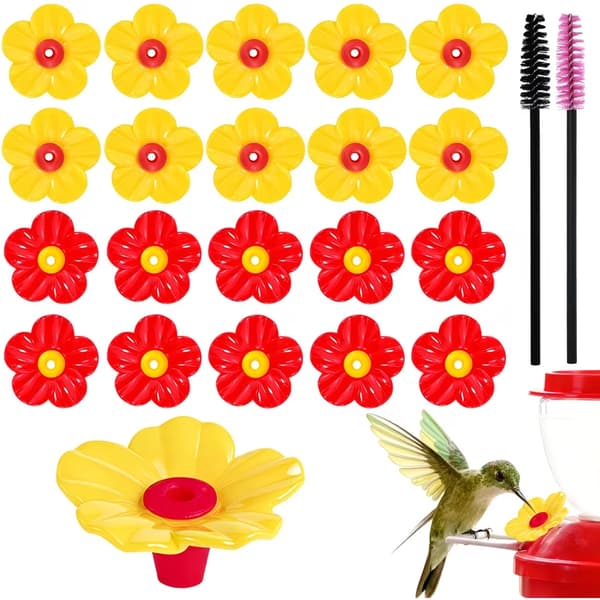 20-pak kolibrifoderudskiftningsblomsterdele – Foderporte i plast – Rensebørste – Rød og gul – Universelt udendørs hængende fodertilbehør
