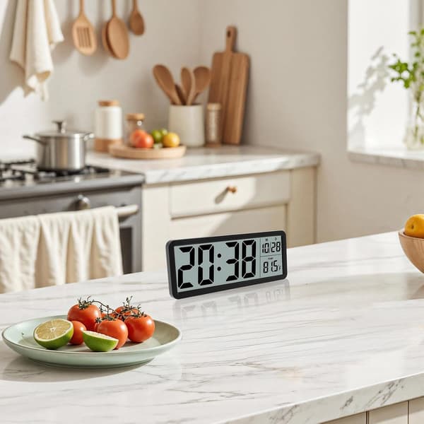 Silent Digital Wall Clock with Date/Time/Temperature Large Display Versatile Battery/USB Powered 8 Inch Large LCD Screen Clock with 12/24H Mounted