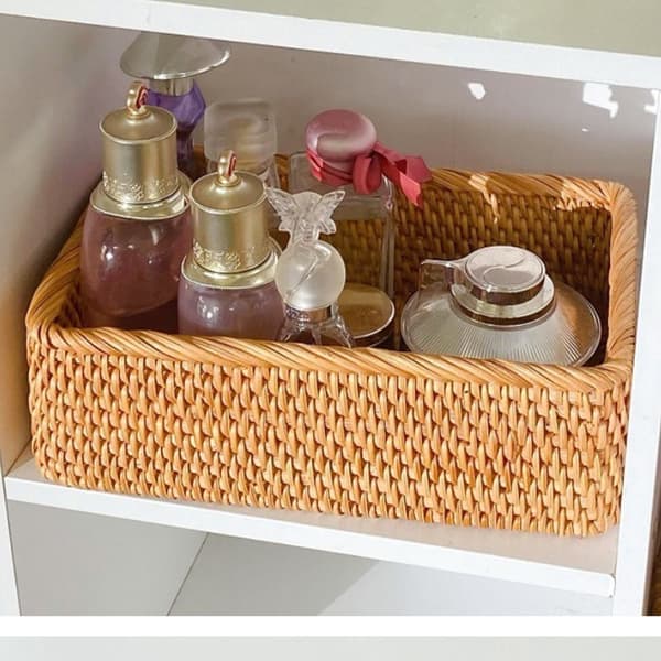 Natural Rattan Fruit Storage Baskets, Rectangular Woven Basket for Key Holder Remote Control