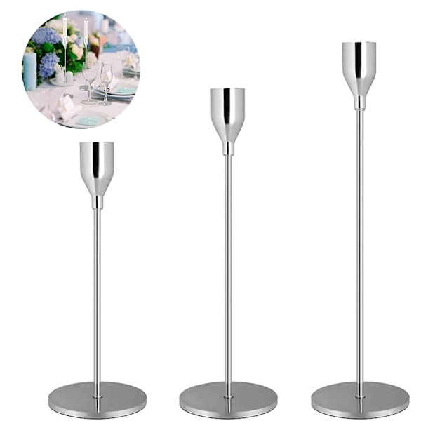 Set med 3 ljusstakar, ljusstake, dekorativ metall-WELLNGS Silver Silver