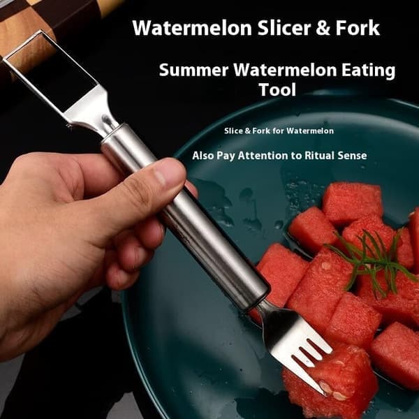 2-i-1 Vannmelonkutter og Gaffel - 1 Pakke Fruktkniv i Rustfritt Stål for Melon, Vannmelonkutter, Praktisk Fruktkutter