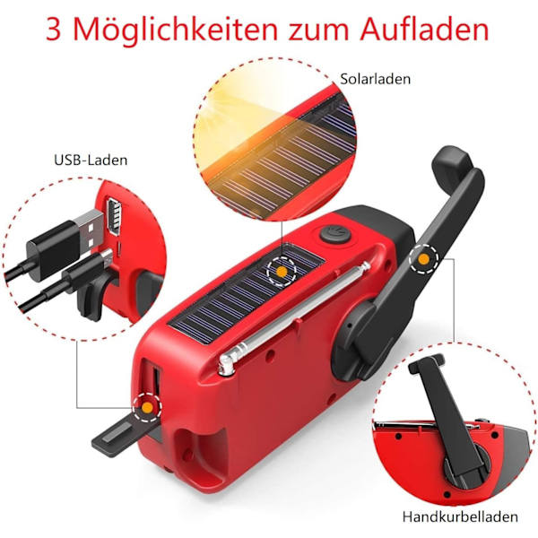 Solcellsradio, AM/FM/NOAA vevradio med 2000 mAh batteri USB uppladdningsbar dynamo radio vattentät, handvev kraftgenerering utomhusradio