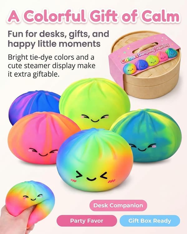 Tie Dye Dumpling Squishy Legetøj med Damper, Langsomt Stigende Blød Klemme Stressbold, Farverigt Sensorisk Angstlindrende Fidget Legetøj til Voksne