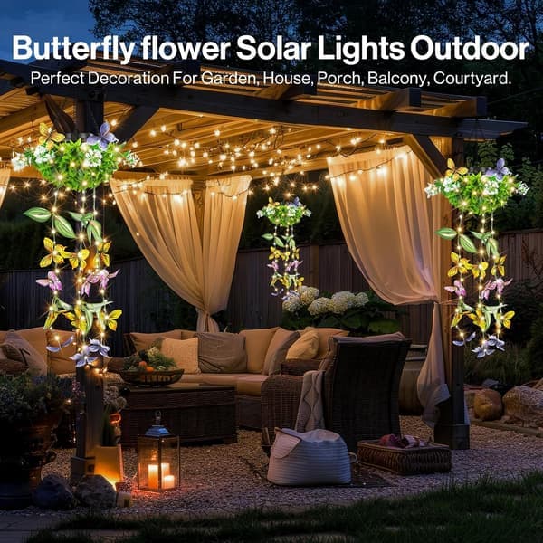 Solar Powered Hanging Garden Lights 2-pack - LED String Light with Artificial Butterflies and Flowers, IP65 Waterproof Outdoor Decor