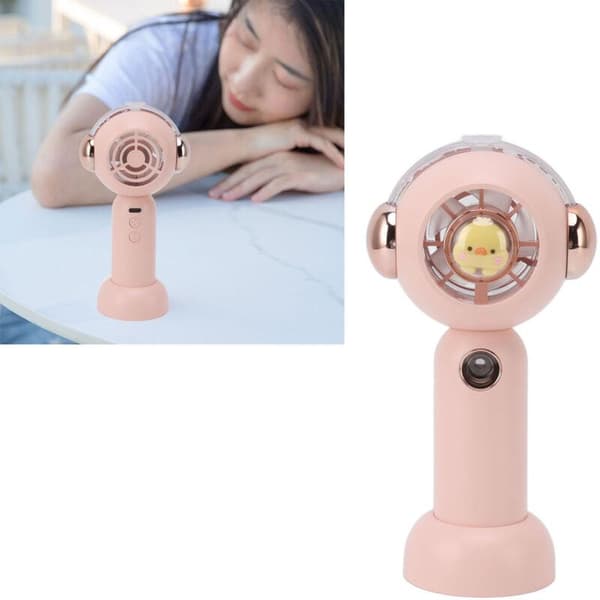 Portable fan with mist function, USB rechargeable, compact pocket fan, 500 mAh, pink, cute animal pattern.