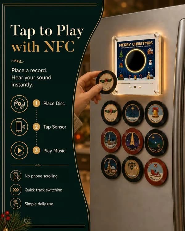 Christmas Vinyl Player Fridge Record NFC Magnetic Music Box Set Mini Jingle Magnets, Refrigerator Custom Storage, Personalized Retro, 9 Programmable Parts