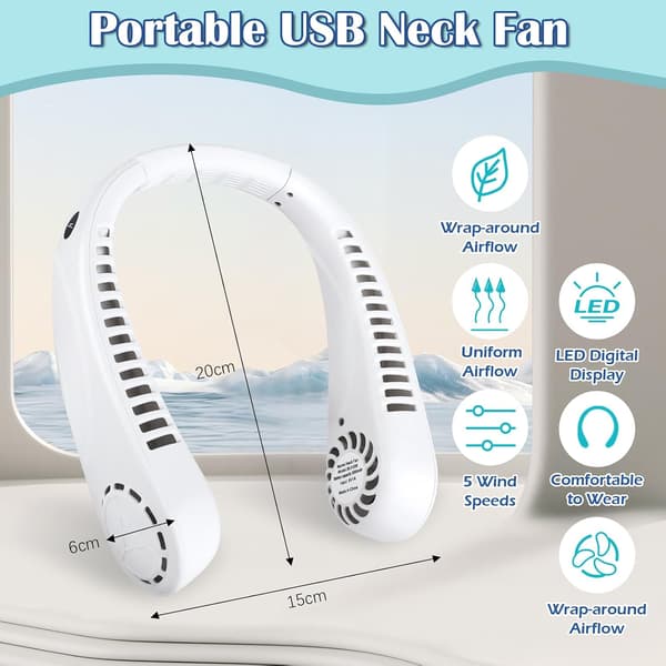 Halsventilator, Mini Bladeless Ventilator 360° Justerbar og 5 Hastigheder 3000mAh USB Bærbar Genopladelig
