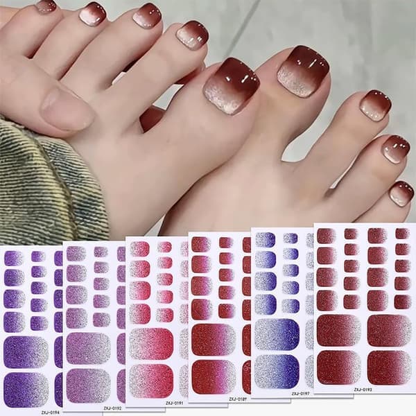 12 Sheets, 138 Pieces Gradient Glitter Toenail Stickers - Self-Adhesive Toenail Decals Combining Solid Colors and Glitter.