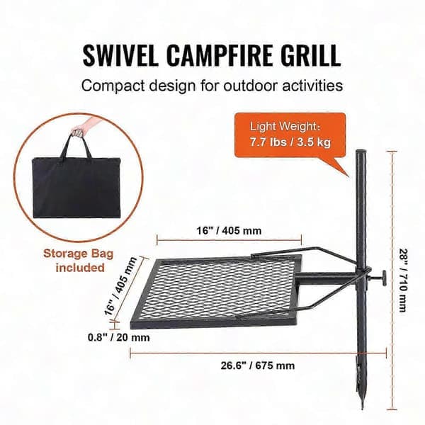 Kraftig roterande campinggrill - justerbar stålgrill, lämplig för utomhusmatlagning över öppen eld.