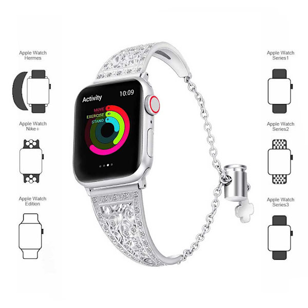 Silver Bling Kompatibel med Apple Watch Rhinestone Band, Dressy Glitter Diamond Metall Armband Fancy Rem för Iwatch Serie 4 3 2 1 38mm Silver