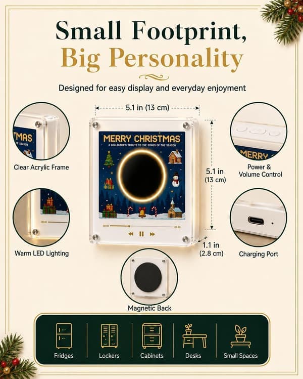 Christmas Vinyl Player Fridge Record NFC Magnetic Music Box Set Mini Jingle Magnets, Refrigerator Custom Storage, Personalized Retro, 9 Programmable Parts